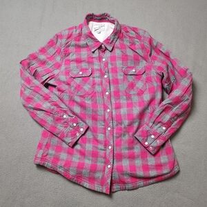 BC Clothing Pink And Grey Plaid Shacket size Large Pearl snaps